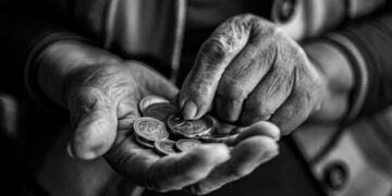 Close-up of elderly hands holding and counting coins, captured in black and white for a timeless feel.