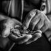 Close-up of elderly hands holding and counting coins, captured in black and white for a timeless feel.